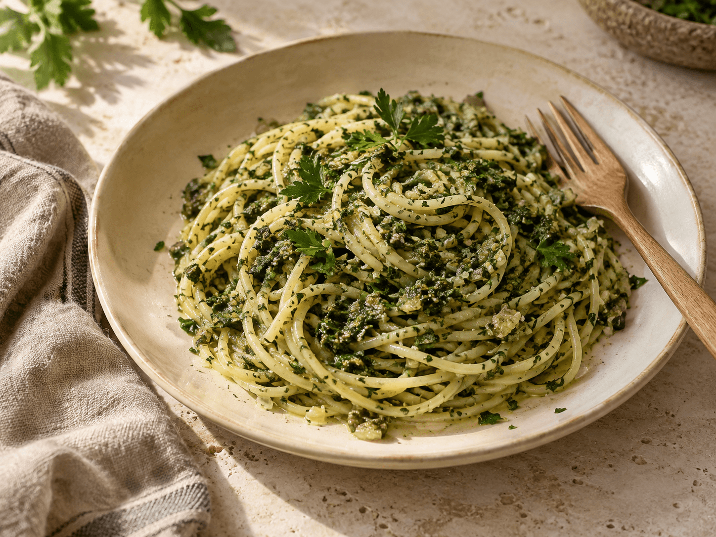 パセリペーストを和えたパスタの盛り付け例
